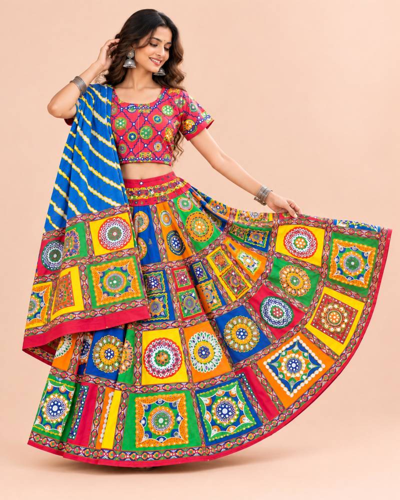 Cotton Long Flair Aari Embroidery Kutch Work (Lehenga Choli) Chaniya Choli Set with Dupatta Red - Free Size