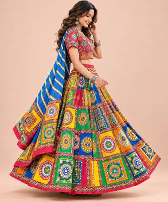 Cotton Long Flair Aari Embroidery Kutch Work (Lehenga Choli) Chaniya Choli Set with Dupatta Red - Free Size 2