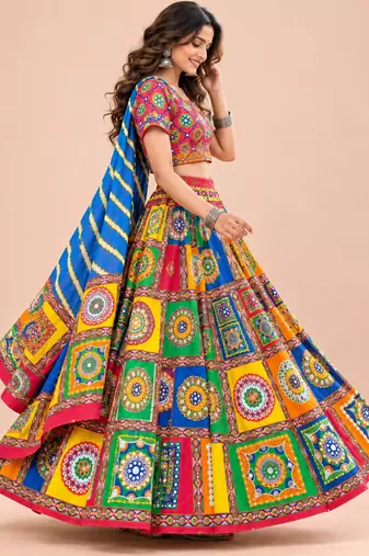 Cotton Long Flair Aari Embroidery Kutch Work (Lehenga Choli) Chaniya Choli Set with Dupatta Red - Free Size
