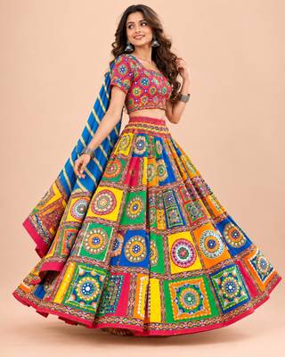 Cotton Long Flair Aari Embroidery Kutch Work (Lehenga Choli) Chaniya Choli Set with Dupatta Red - Free Size 3