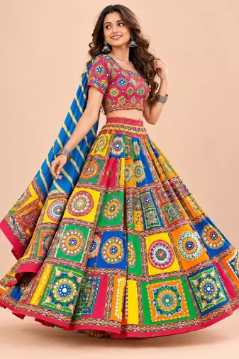 Cotton Long Flair Aari Embroidery Kutch Work (Lehenga Choli) Chaniya Choli Set with Dupatta Red - Free Size
