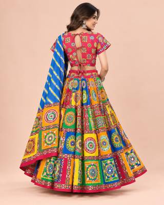 Cotton Long Flair Aari Embroidery Kutch Work (Lehenga Choli) Chaniya Choli Set with Dupatta Red - Free Size 4
