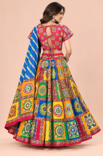 Cotton Long Flair Aari Embroidery Kutch Work (Lehenga Choli) Chaniya Choli Set with Dupatta Red - Free Size