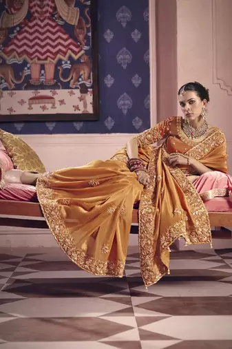 orange tissue heavy embroidery designer saree