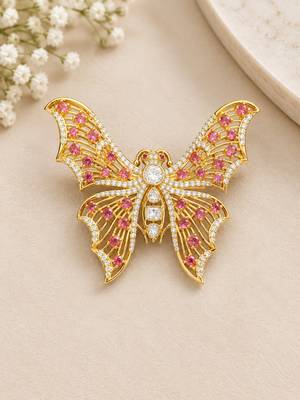 Elegant gold-plated butterfly brooch with pink and clear stone detailing 1