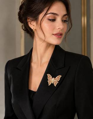 Elegant gold-plated butterfly brooch with pink and clear stone detailing 2