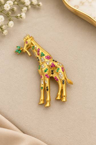 Elegant gold-plated giraffe brooch with multicolor stone embellishments