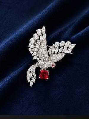 Elegant peacock design brooch with red stone and crystal studded detailing 1
