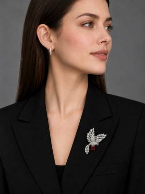 Elegant peacock design brooch with red stone and crystal studded detailing 2