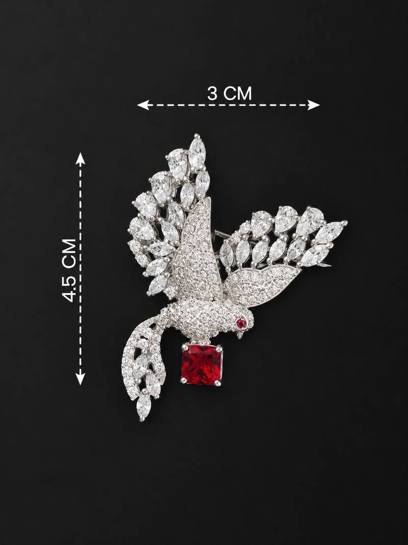 Elegant peacock design brooch with red stone and crystal studded detailing