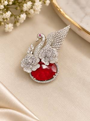 Elegant swan brooch with red crystal and wing shaped cz stone detailing 1