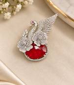 Elegant swan brooch with red crystal and wing shaped cz stone detailing