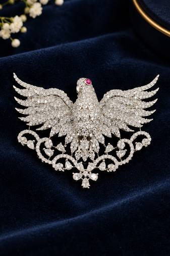 Peacock Brooch with White Crystal Stones & Ruby Accent