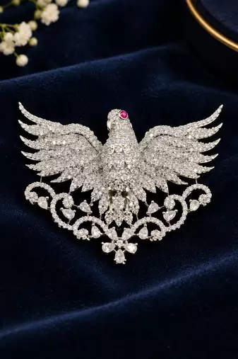 Peacock Brooch with White Crystal Stones & Ruby Accent