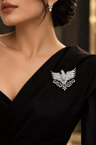 Peacock Brooch with White Crystal Stones & Ruby Accent