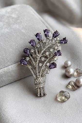 Purple Floral Bouquet Brooch with CZ Stones