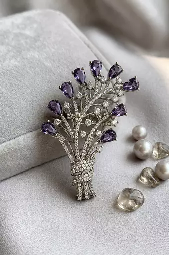 Purple Floral Bouquet Brooch with CZ Stones