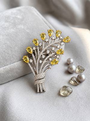 Elegant yellow floral bouquet brooch with cz stones     designer statement brooch 1