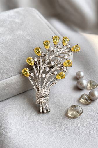 Elegant yellow floral bouquet brooch with cz stones     designer statement brooch
