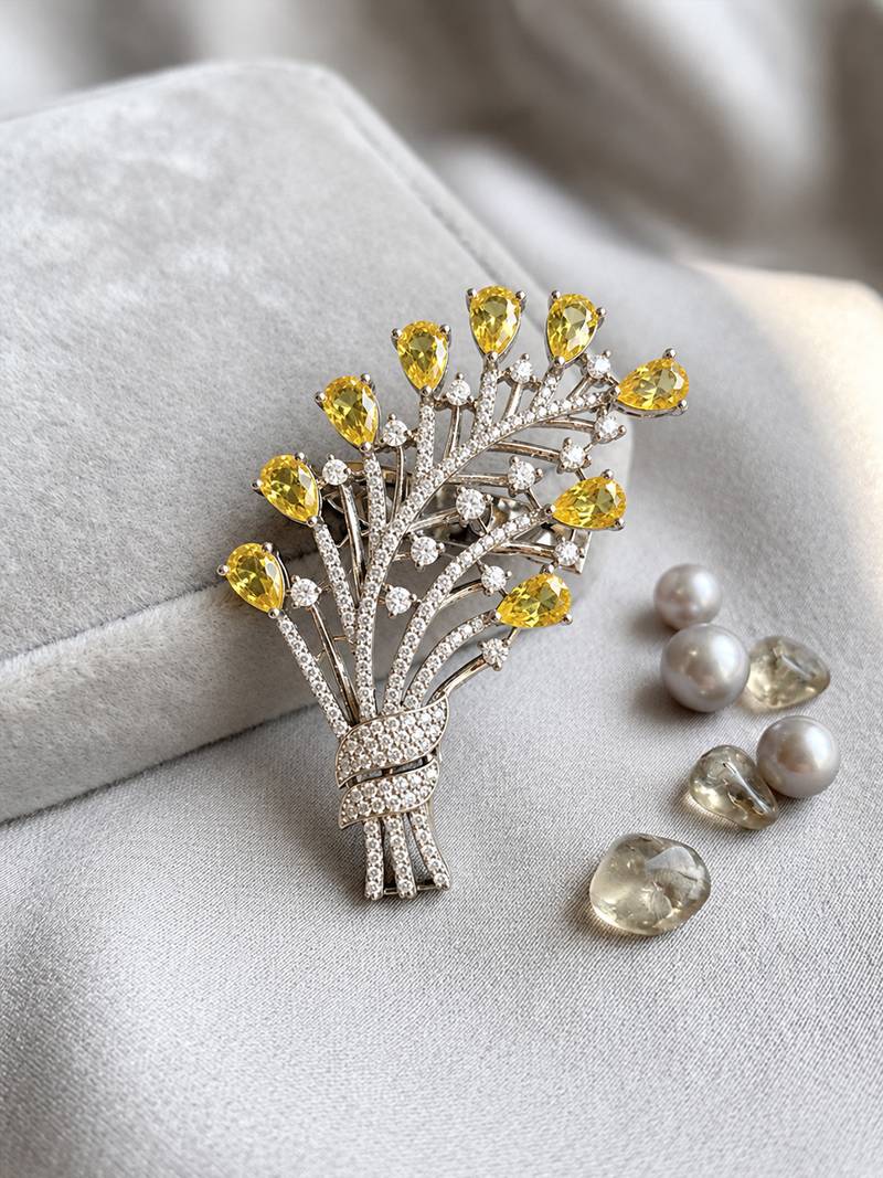 Elegant yellow floral bouquet brooch with cz stones     designer statement brooch