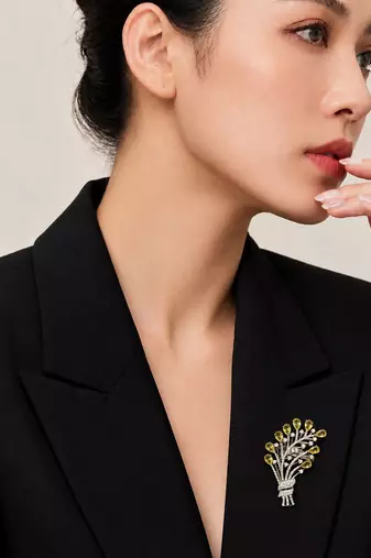 Elegant yellow floral bouquet brooch with cz stones – designer statement brooch
