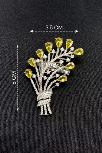 Elegant yellow floral bouquet brooch with cz stones – designer statement brooch