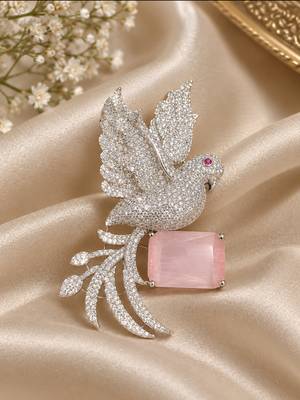 Swan Brooch with Pink Rose Quartz Style Stone & Crystal Detailing 1