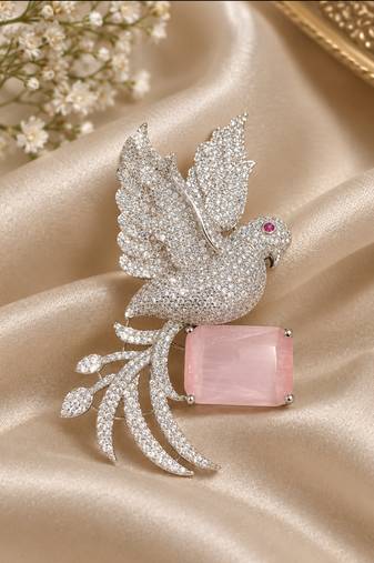 Swan Brooch with Pink Rose Quartz Style Stone & Crystal Detailing