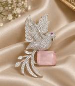 Swan Brooch with Pink Rose Quartz Style Stone & Crystal Detailing
