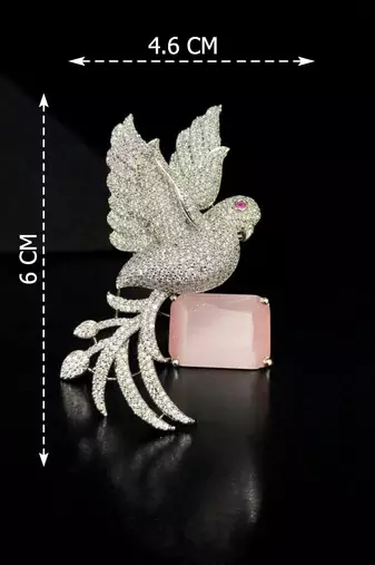 Swan Brooch with Pink Rose Quartz Style Stone & Crystal Detailing
