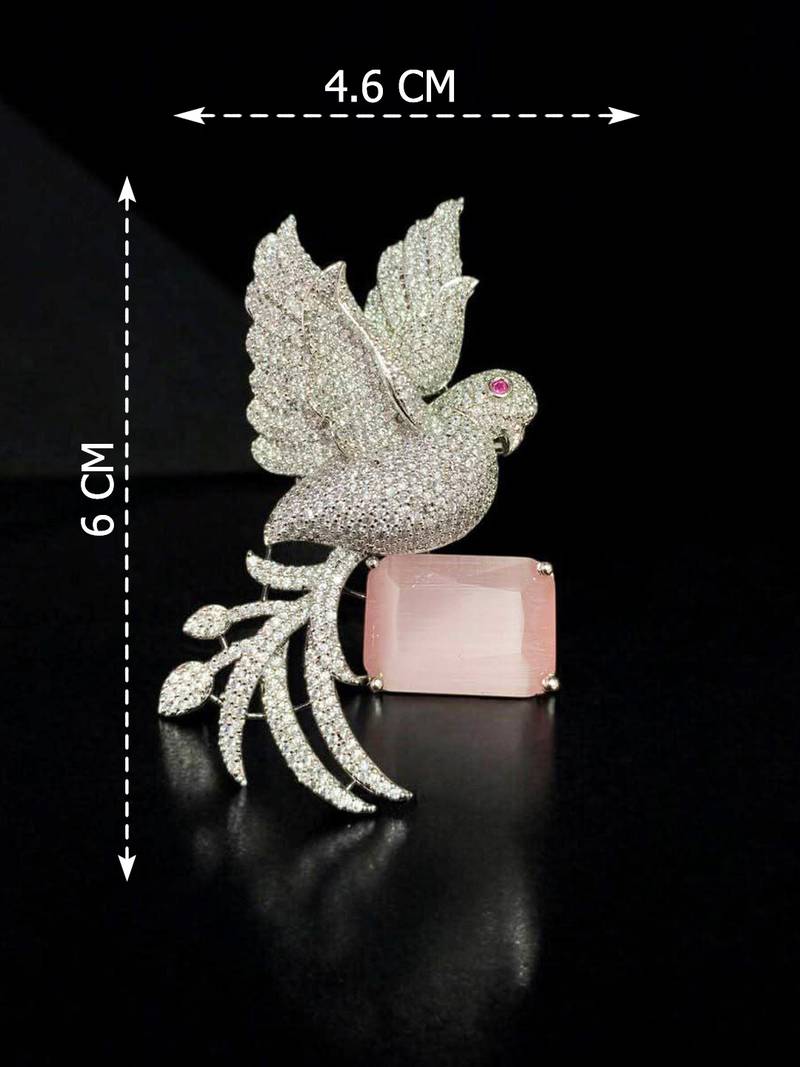 Swan Brooch with Pink Rose Quartz Style Stone & Crystal Detailing