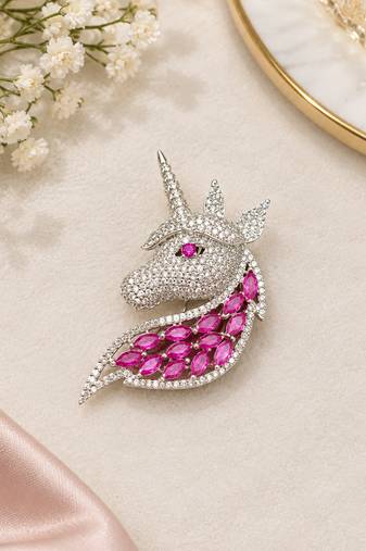 Unicorn Brooch with Pink Stones & Sparkling Crystal Detailing