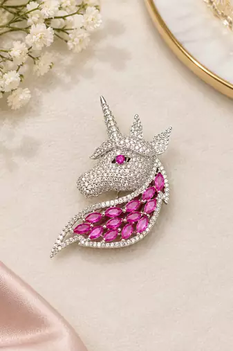 Unicorn Brooch with Pink Stones & Sparkling Crystal Detailing