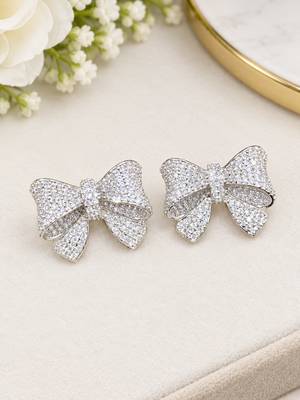 Silver-Tone Bow Stud Earrings with Sparkling CZ Stones 1