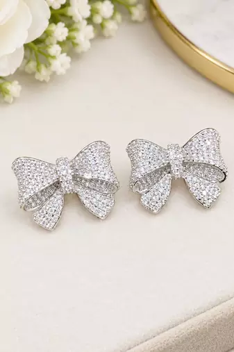 Silver-Tone Bow Stud Earrings with Sparkling CZ Stones