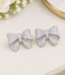 Silver-Tone Bow Stud Earrings with Sparkling CZ Stones