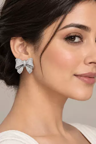 Silver-Tone Bow Stud Earrings with Sparkling CZ Stones