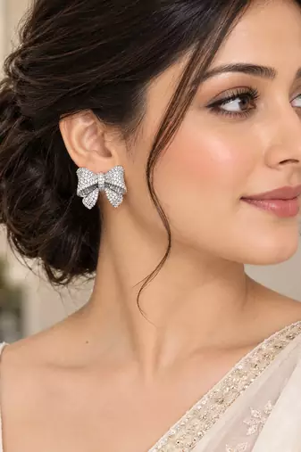 Silver-Tone Bow Stud Earrings with Sparkling CZ Stones