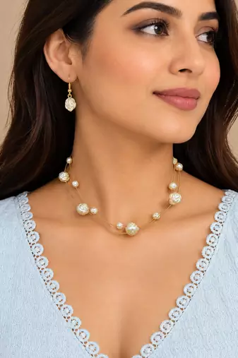 Gold-Tone Double-Layer Pearl Necklace Set with Rose Design Beads & Earrings