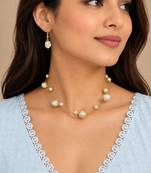 Gold-Tone Double-Layer Pearl Necklace Set with Rose Design Beads & Earrings