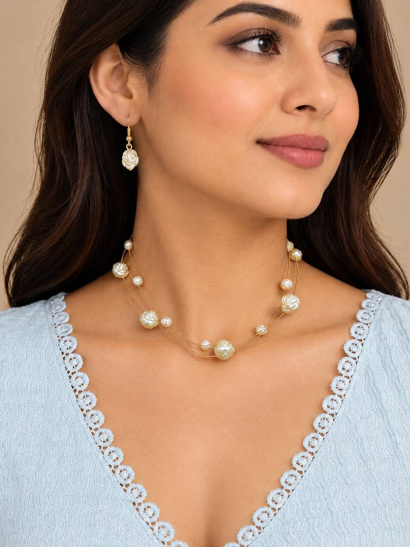 Gold-Tone Double-Layer Pearl Necklace Set with Rose Design Beads & Earrings