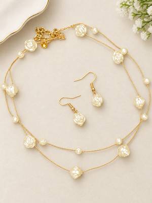 Gold-Tone Double-Layer Pearl Necklace Set with Rose Design Beads & Earrings 2