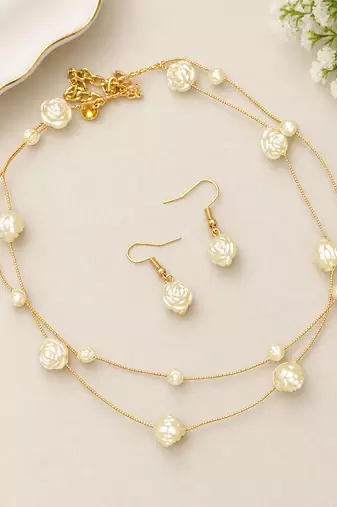 Gold-Tone Double-Layer Pearl Necklace Set with Rose Design Beads & Earrings