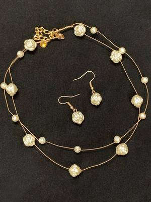 Gold-Tone Double-Layer Pearl Necklace Set with Rose Design Beads & Earrings 3