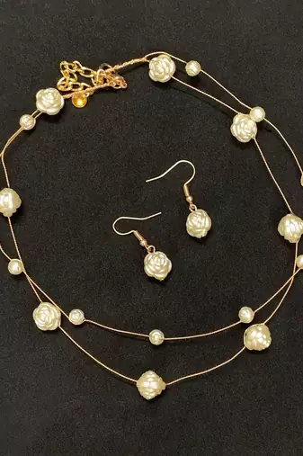 Gold-Tone Double-Layer Pearl Necklace Set with Rose Design Beads & Earrings