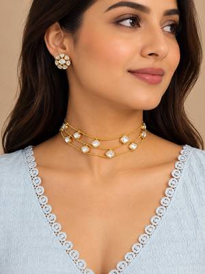 Gold-Tone 3-Layer Kundan Choker Necklace Set with Earrings 1