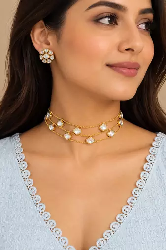 Gold-Tone 3-Layer Kundan Choker Necklace Set with Earrings