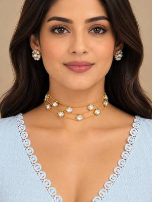 Gold-Tone 3-Layer Kundan Choker Necklace Set with Earrings 2