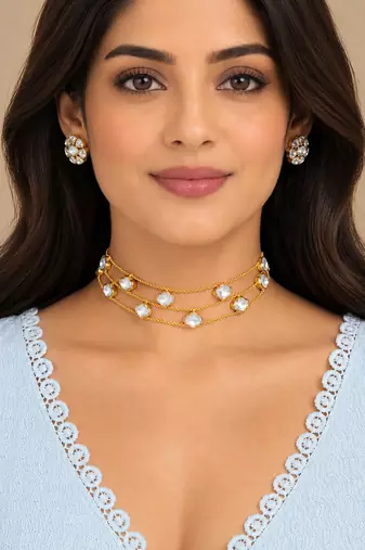 Gold-Tone 3-Layer Kundan Choker Necklace Set with Earrings
