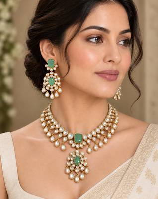 Gold-Plated Green Stone Kundan Necklace Set with Earrings 1